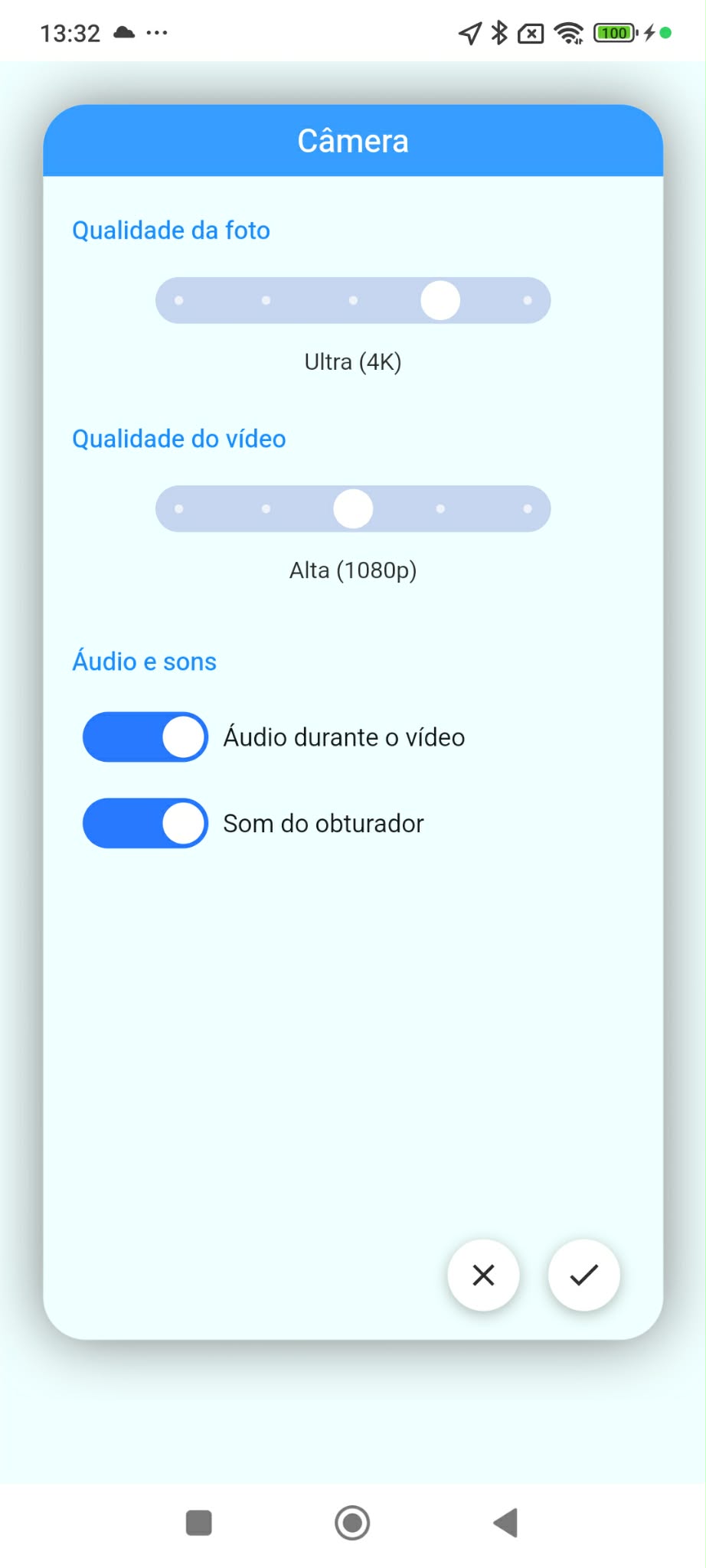 Configuração de qualidade da câmera e áudio
