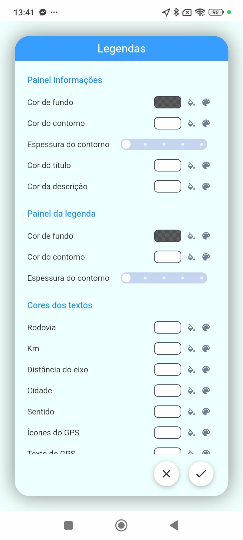 Tela de configuração de legendas e cores