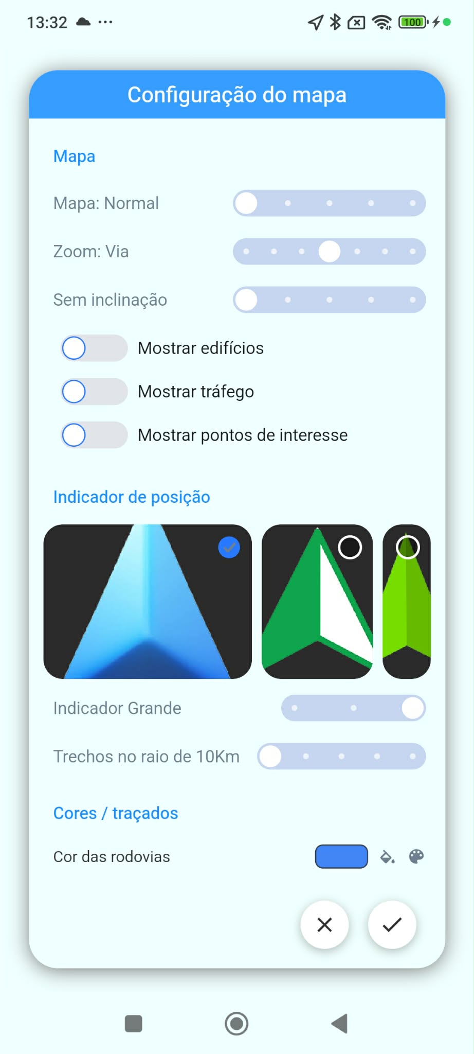 Configuração do mapa, indicador e cores das rodovias