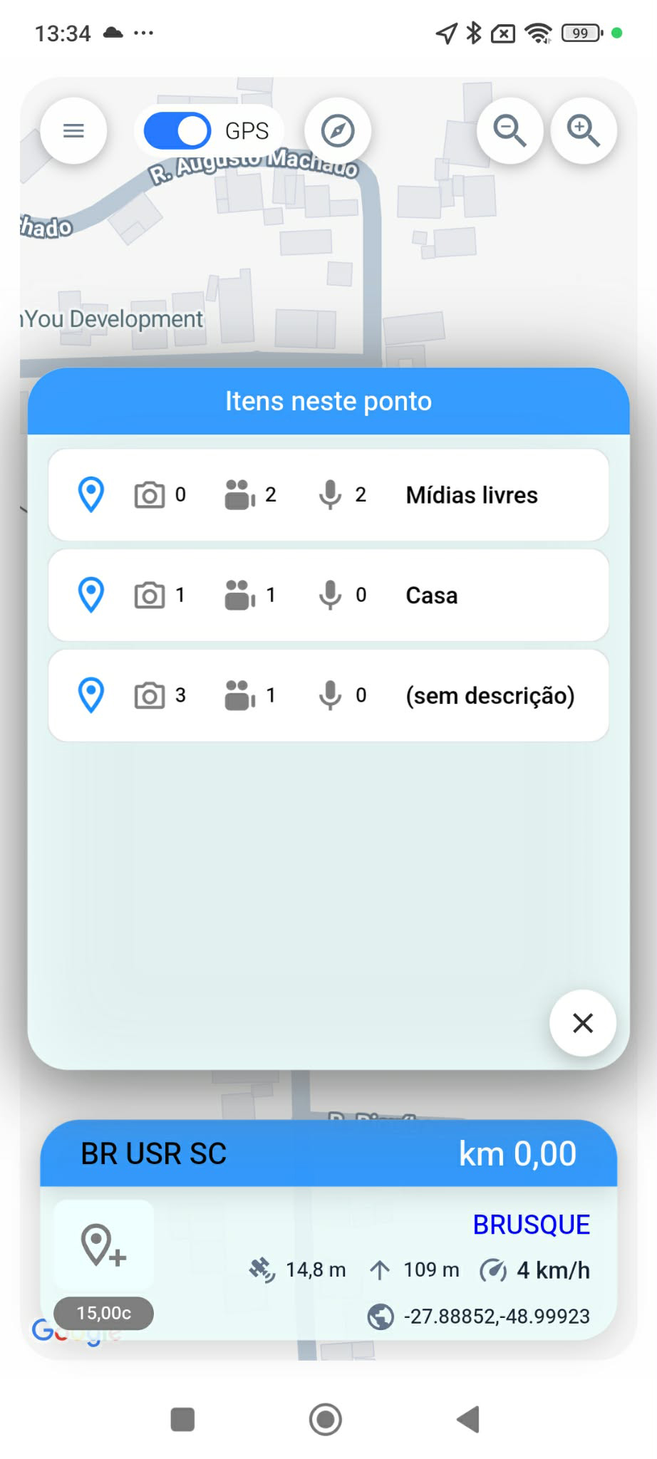 Lista de itens e mídias em um ponto do mapa